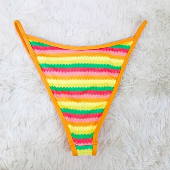 L*SPACE Tommy Rainbow Stripe String Bikini Bottom Cheeky Orange Size Medium New - Picture 5 of 7